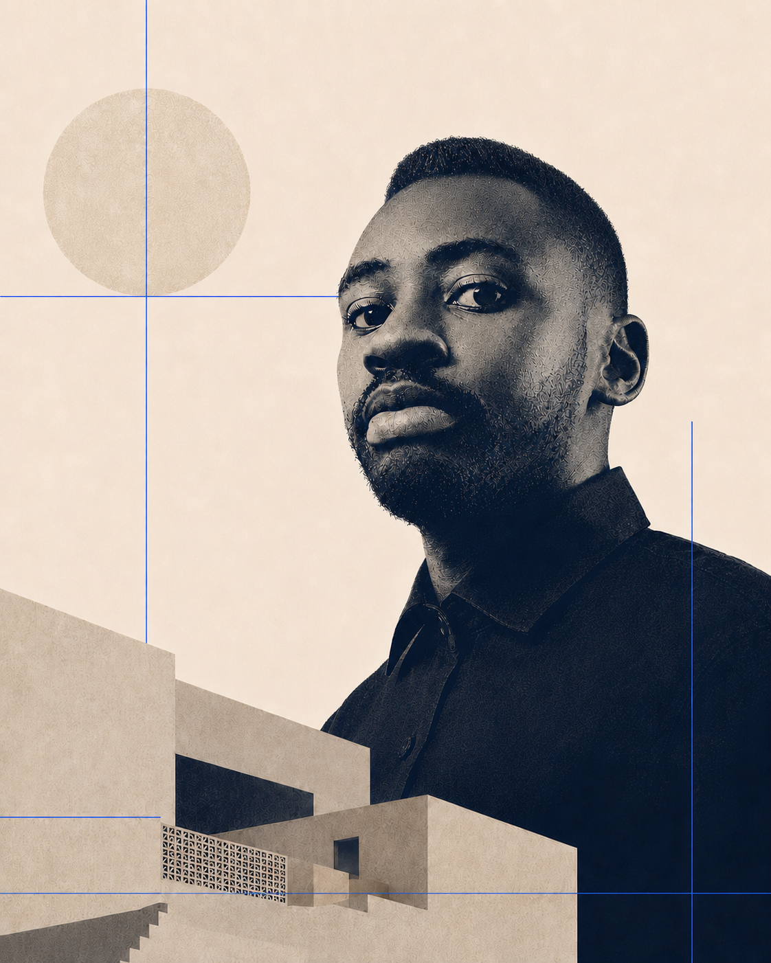 Editorial portrait of Linus Moses with architectural forms